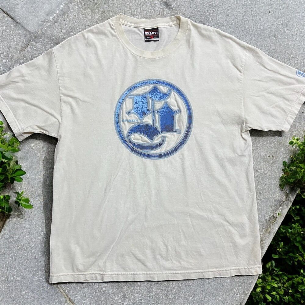 Shady Vintage Y2K Rap Eminem Old English Logo White Blue T-Shirt Mens Size Large